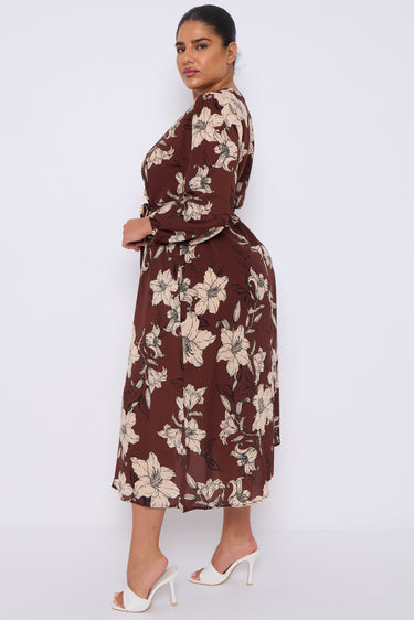 Brown Floral Print Crossover Midi Dress