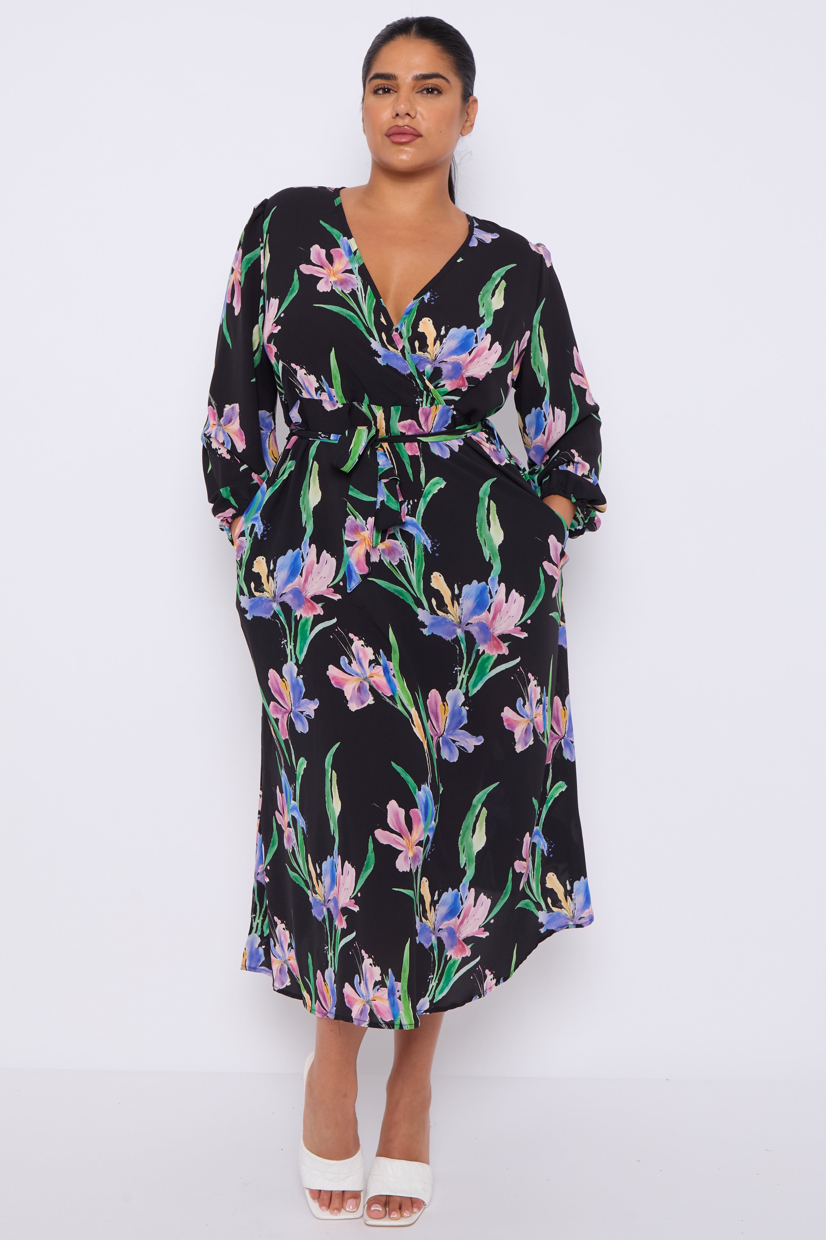 Black Floral Crossover Belted Midi Dress
