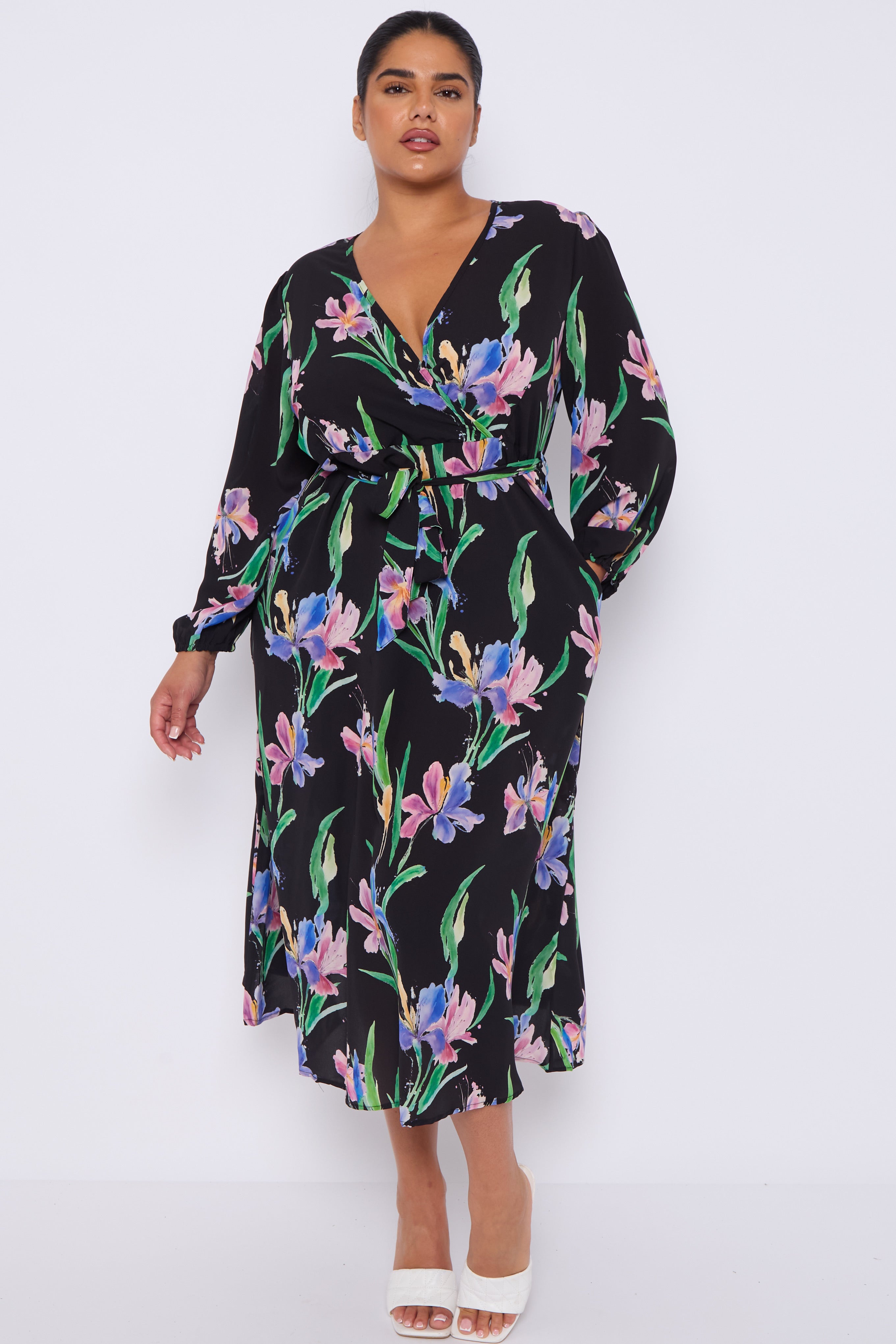 Black Floral Crossover Belted Midi Dress
