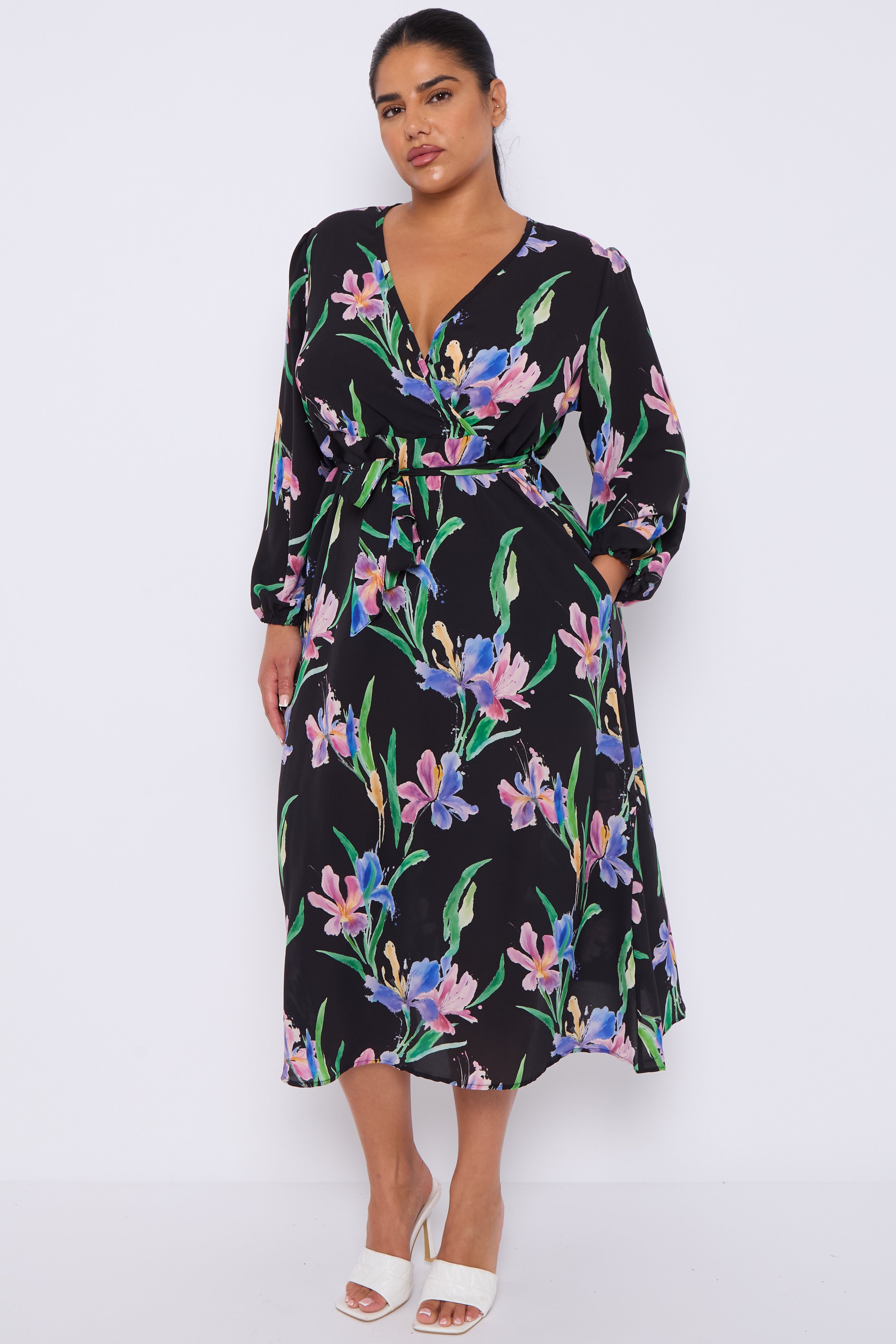 Black Floral Crossover Belted Midi Dress
