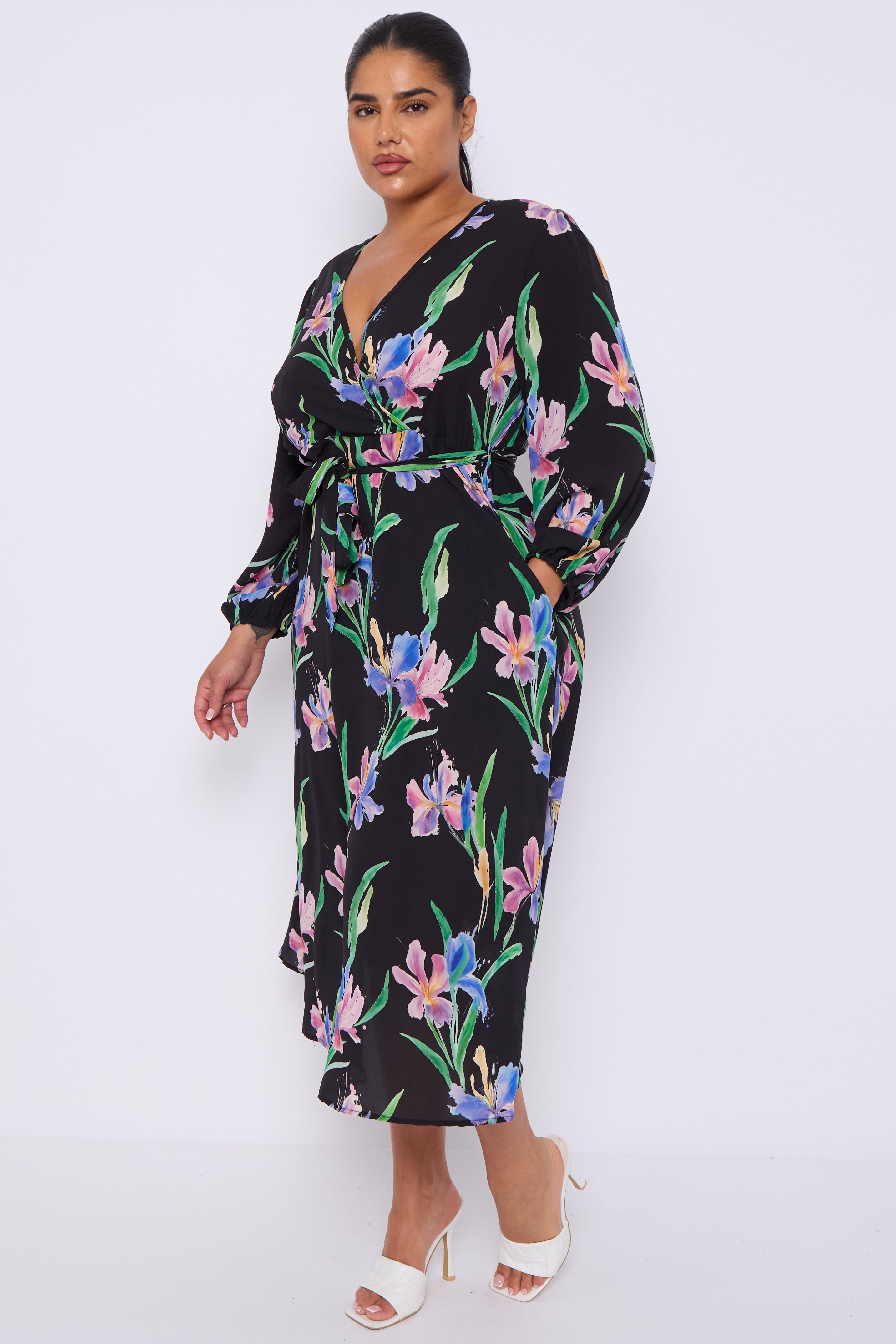 Black Floral Crossover Belted Midi Dress
