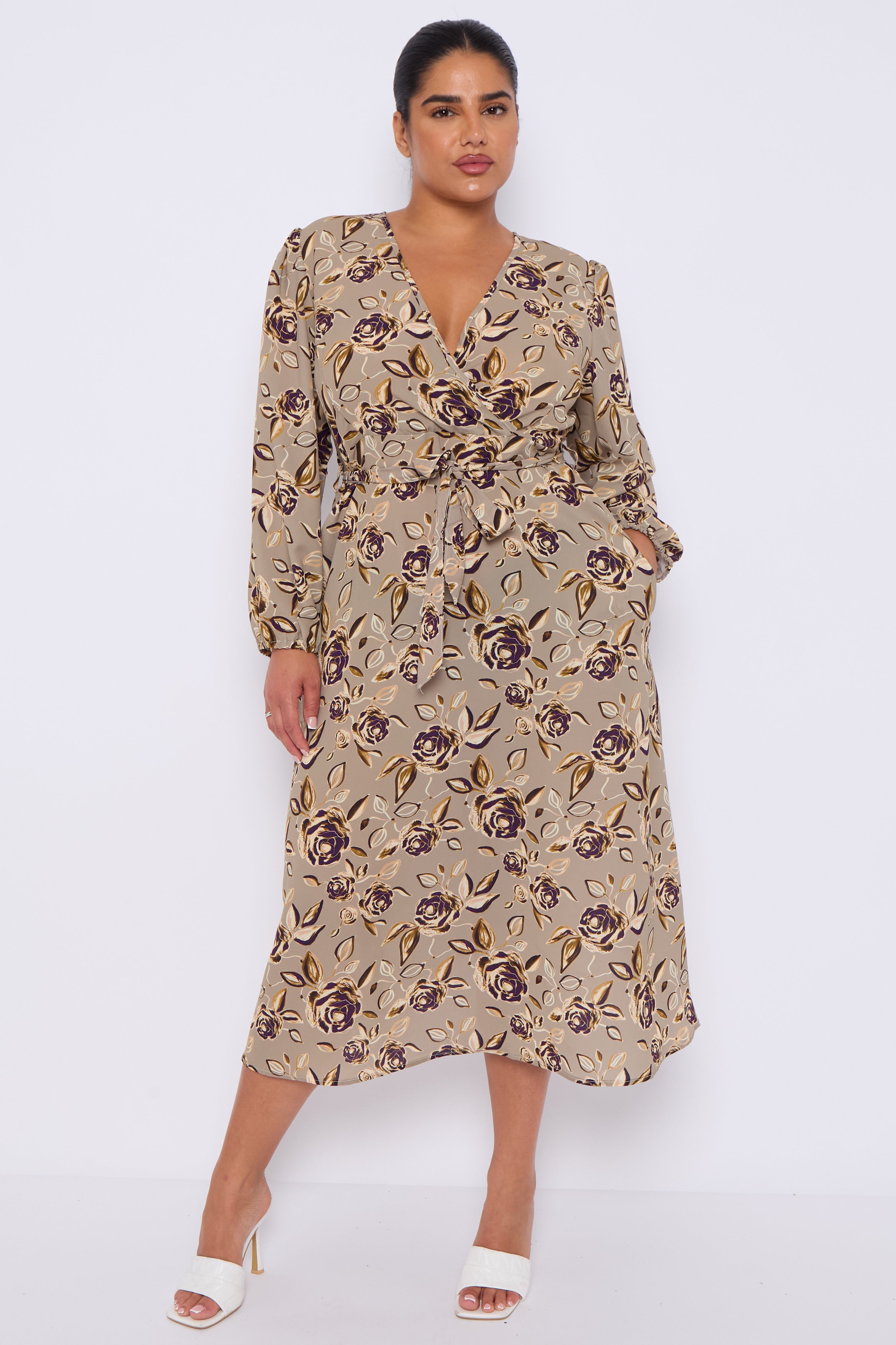 Taupe Rose Print Crossover Midi Dress