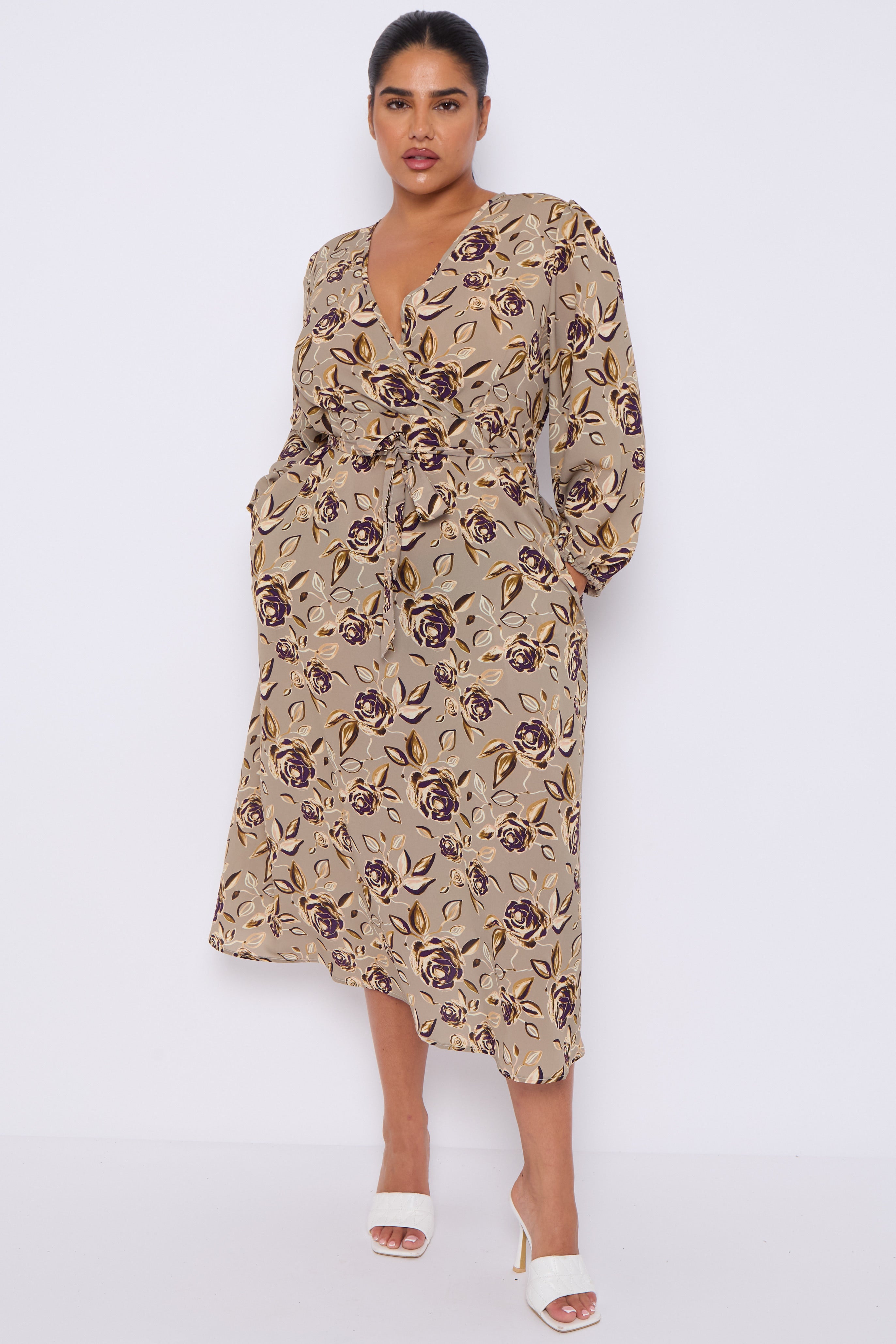 Taupe Rose Print Crossover Midi Dress