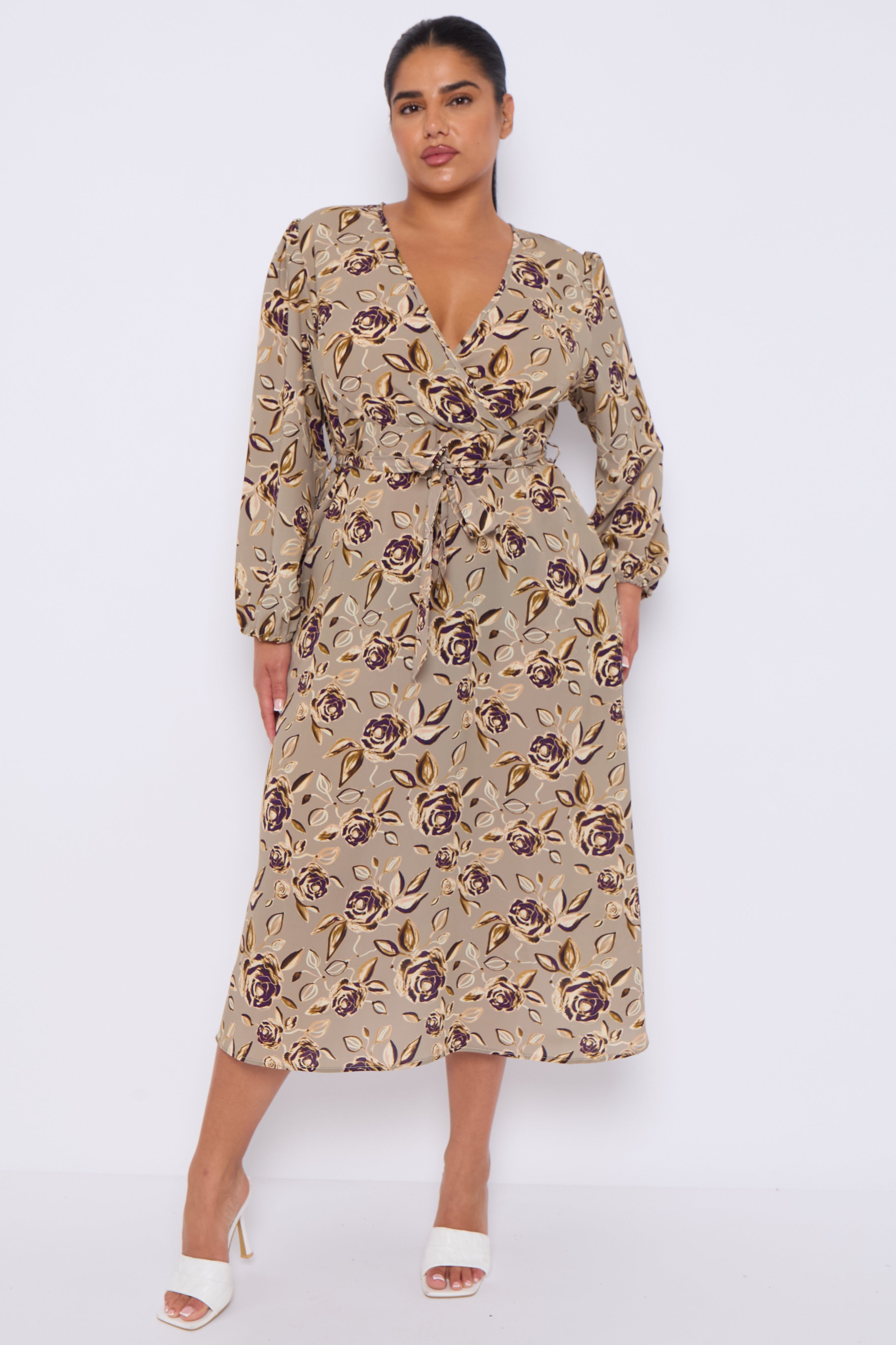 Taupe Rose Print Crossover Midi Dress