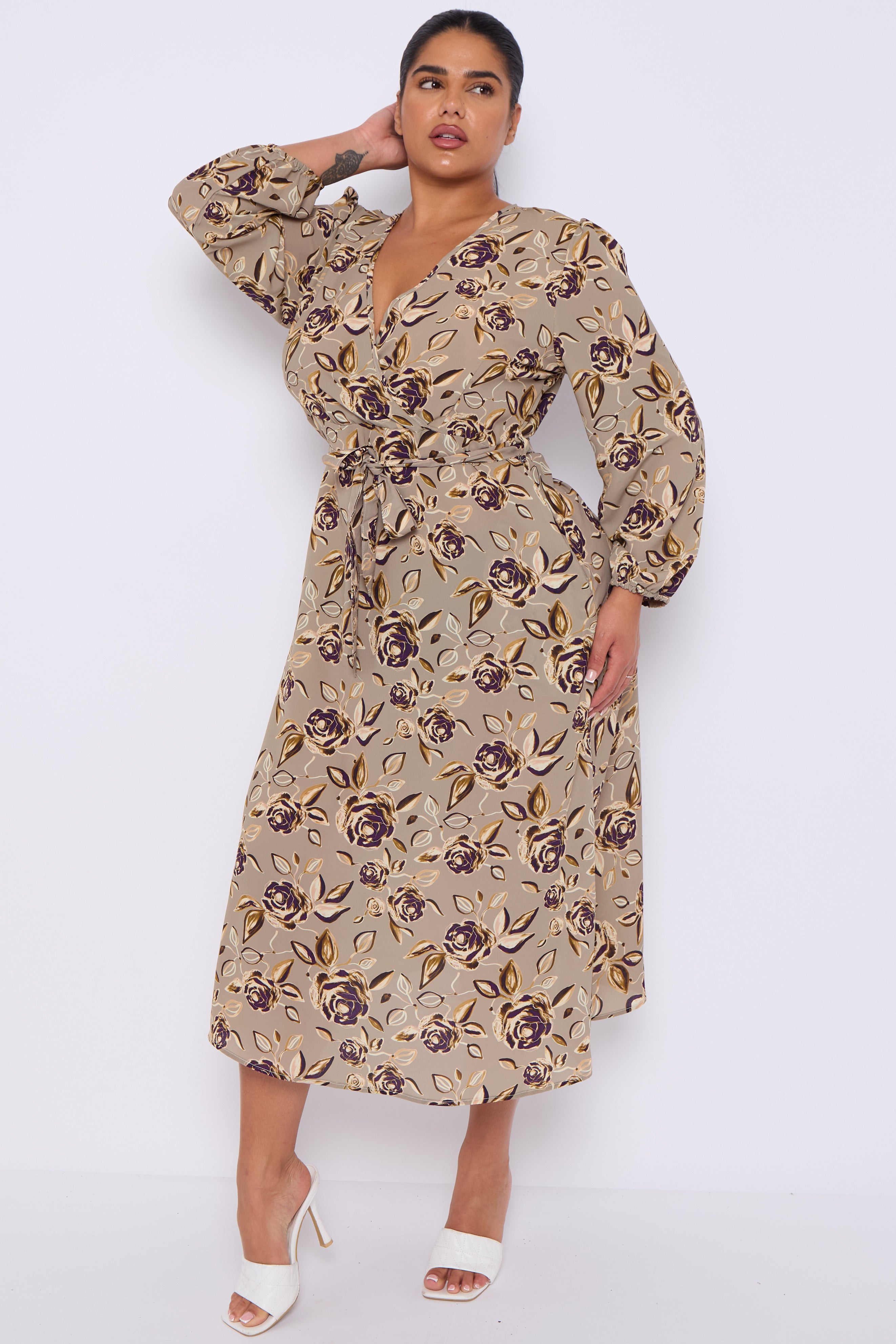 Taupe Rose Print Crossover Midi Dress