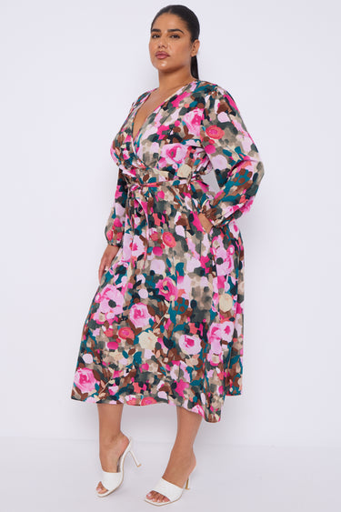 Roses Print Teal Crossover Midi Dress