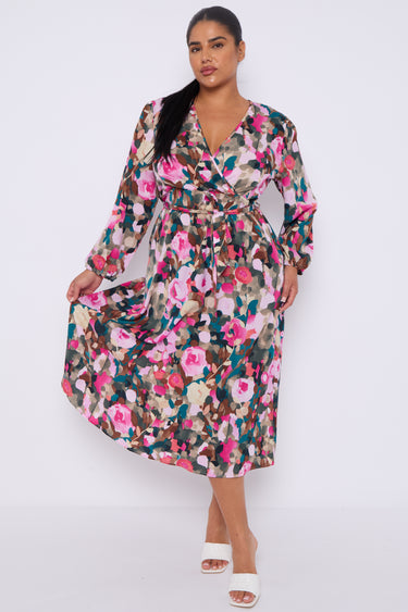 Roses Print Teal Crossover Midi Dress