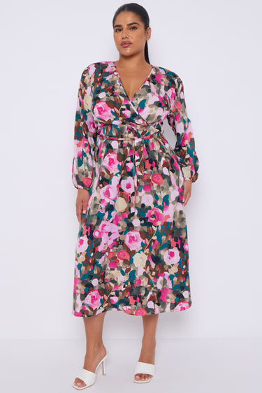 Roses Print Teal Crossover Midi Dress