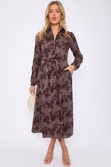 Maroon Floral Print Taupe Midaxi Shirt Dress