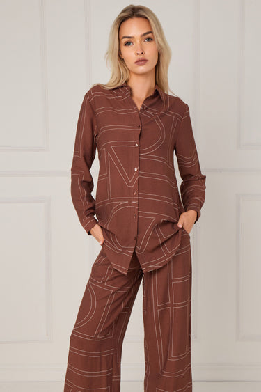 Chocolate Geometric Line Print Wide-Leg Co-ord