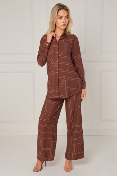 Chocolate Geometric Line Print Wide-Leg Co-ord