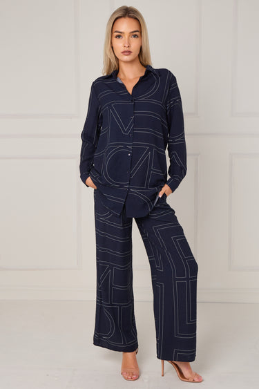Navy Geometric Line Print Wide-Leg Co-ord