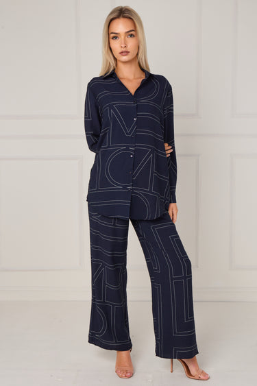 Navy Geometric Line Print Wide-Leg Co-ord