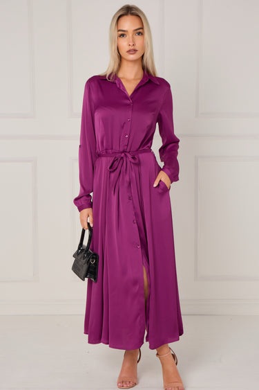 Magenta Layered Satin Long Sleeve Maxi Shirt Dress