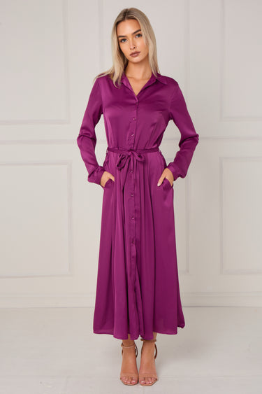 Magenta Layered Satin Long Sleeve Maxi Shirt Dress