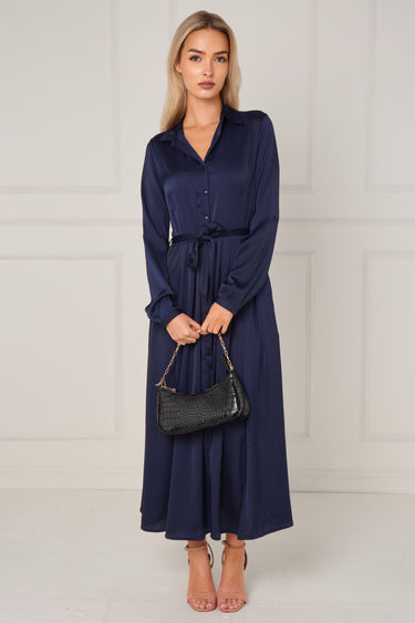 Navy Layered Satin Long Sleeve Maxi Shirt Dress