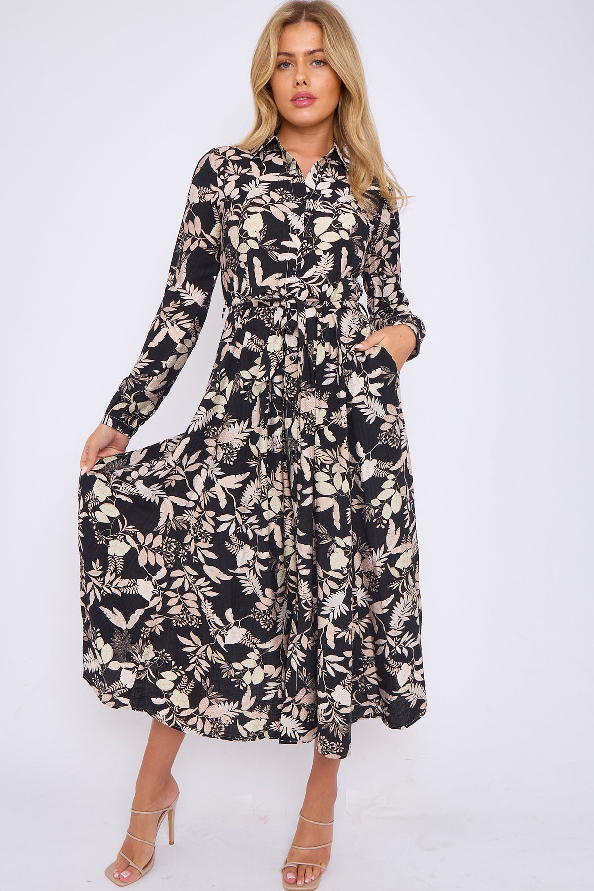 Black Leaf Print Linen Textured Midaxi Shirt Dress