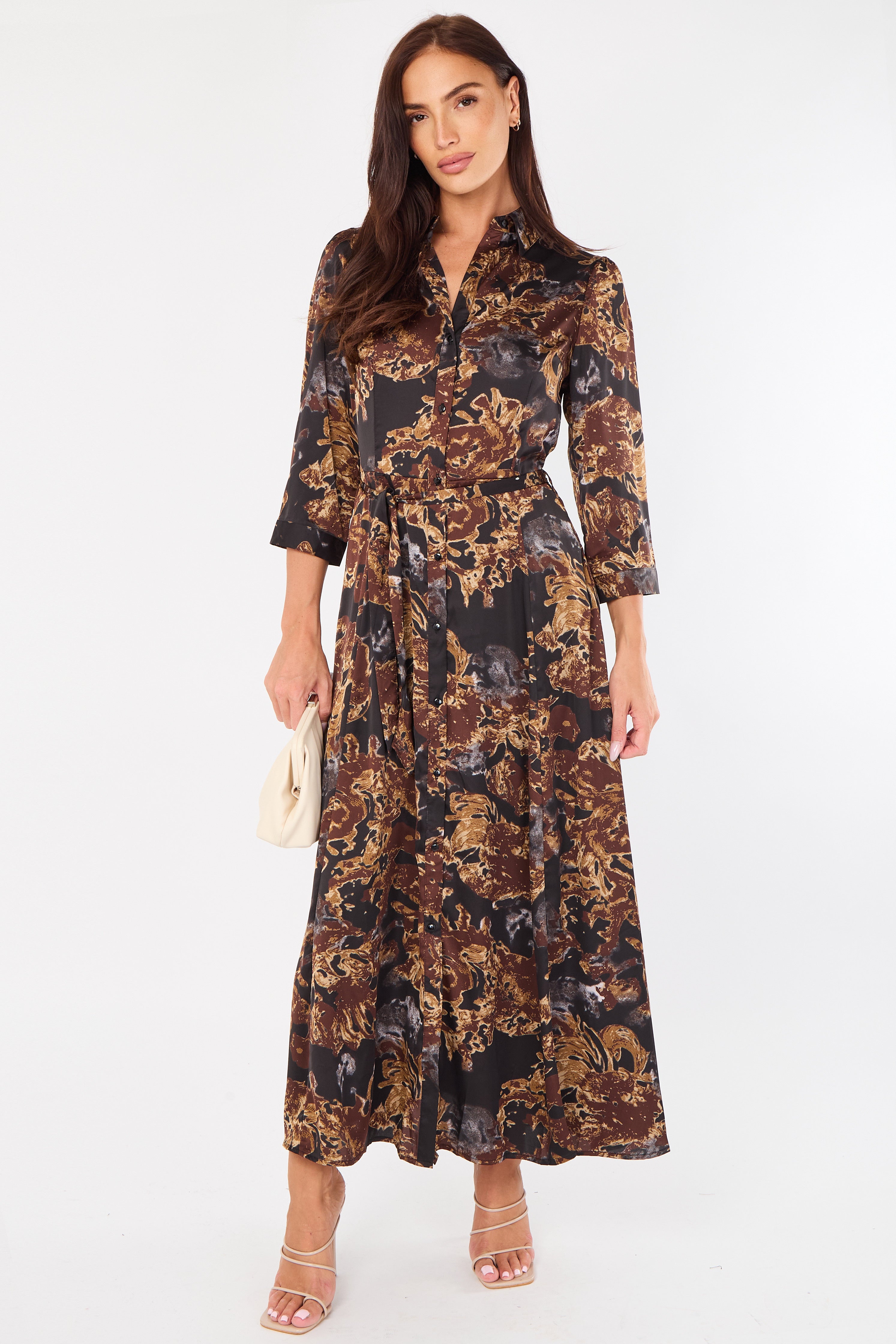 Brown Abstract Floral Print Maxi Shirt Dress