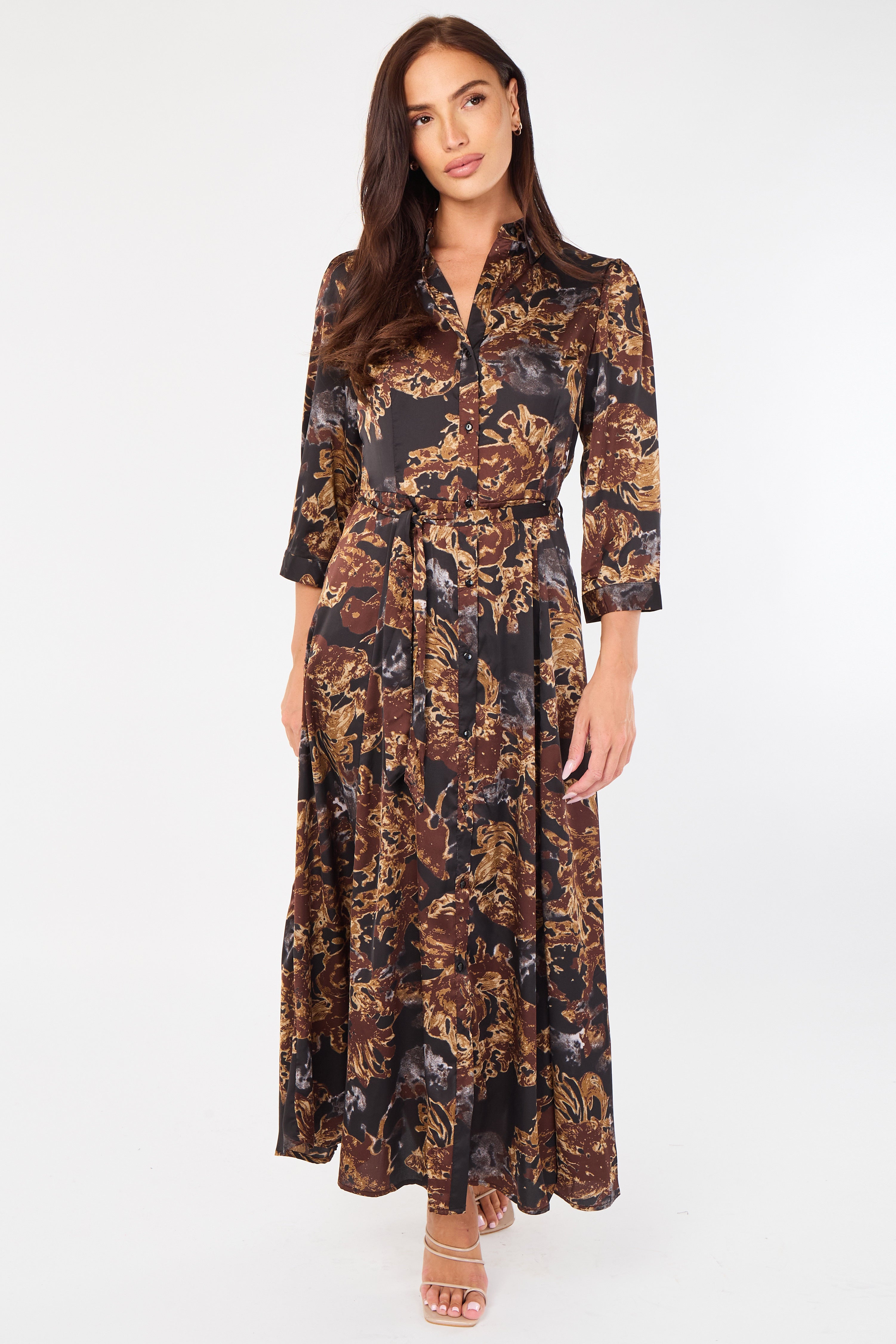 Brown Abstract Floral Print Maxi Shirt Dress