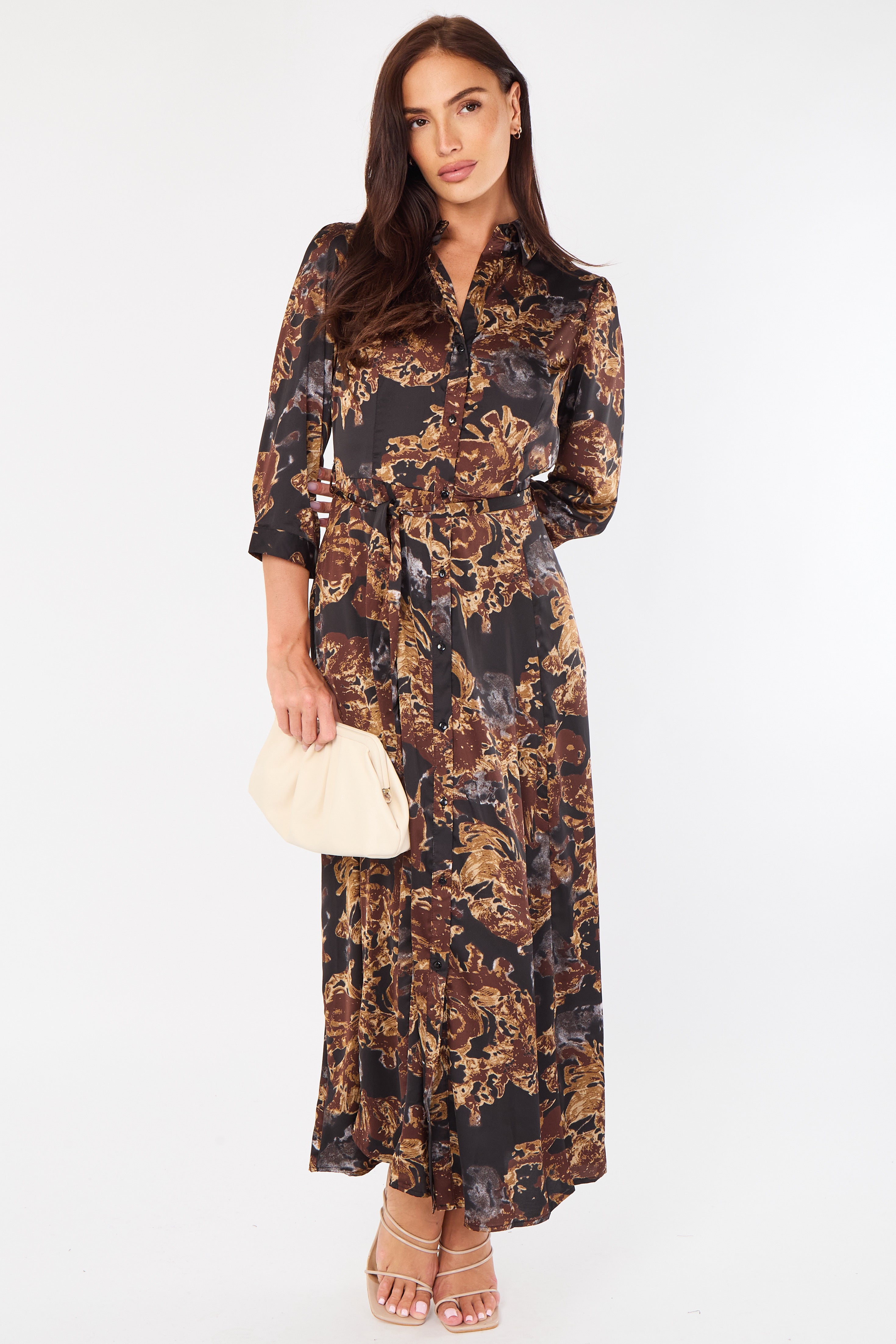 Brown Abstract Floral Print Maxi Shirt Dress