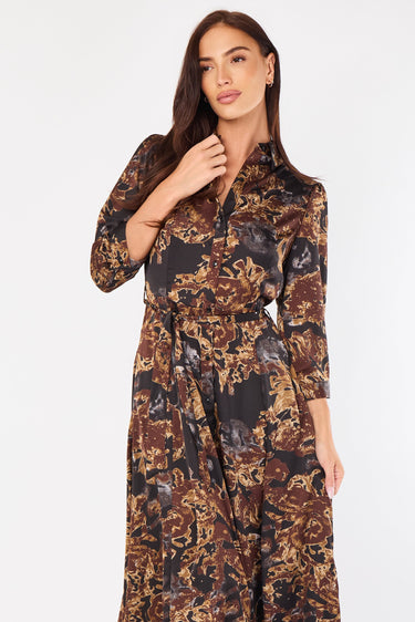 Brown Abstract Floral Print Satin Maxi Shirt Dress