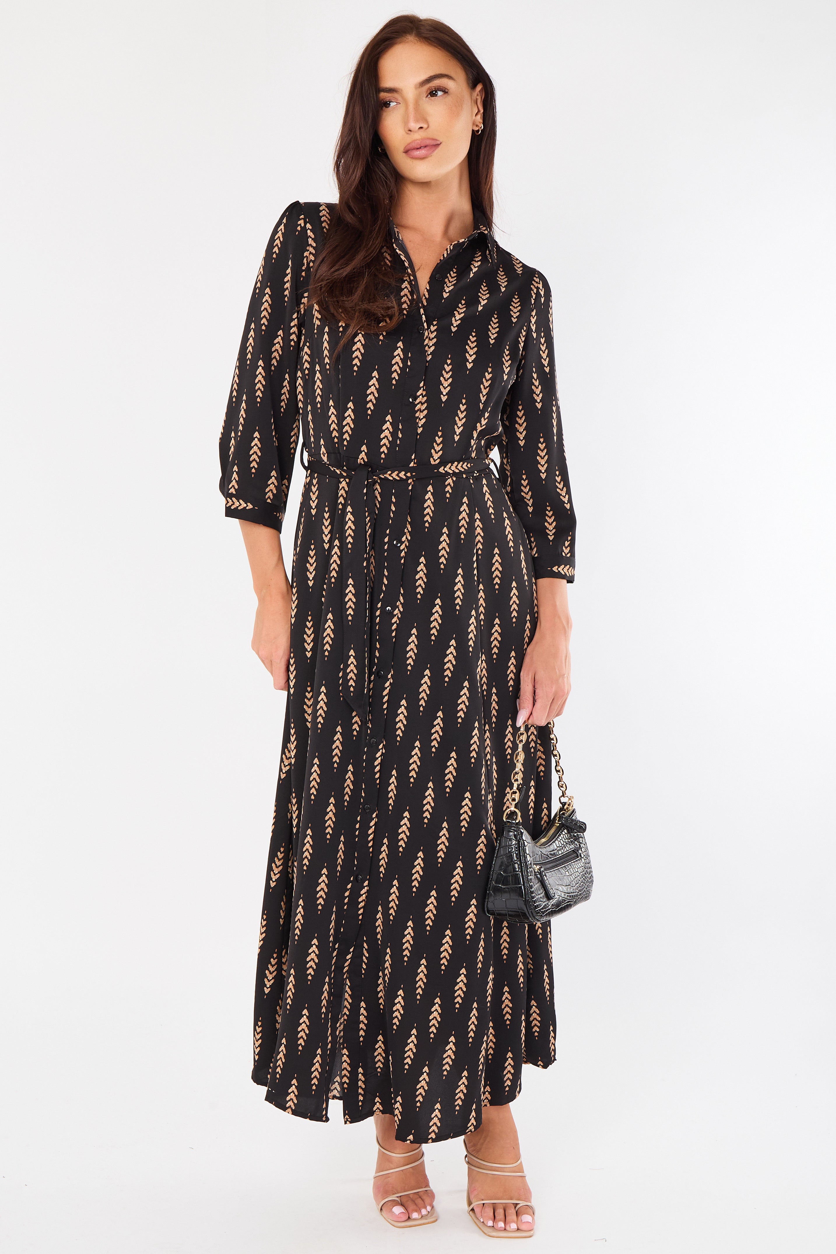 Tan Chevron Print Maxi Shirt Dress