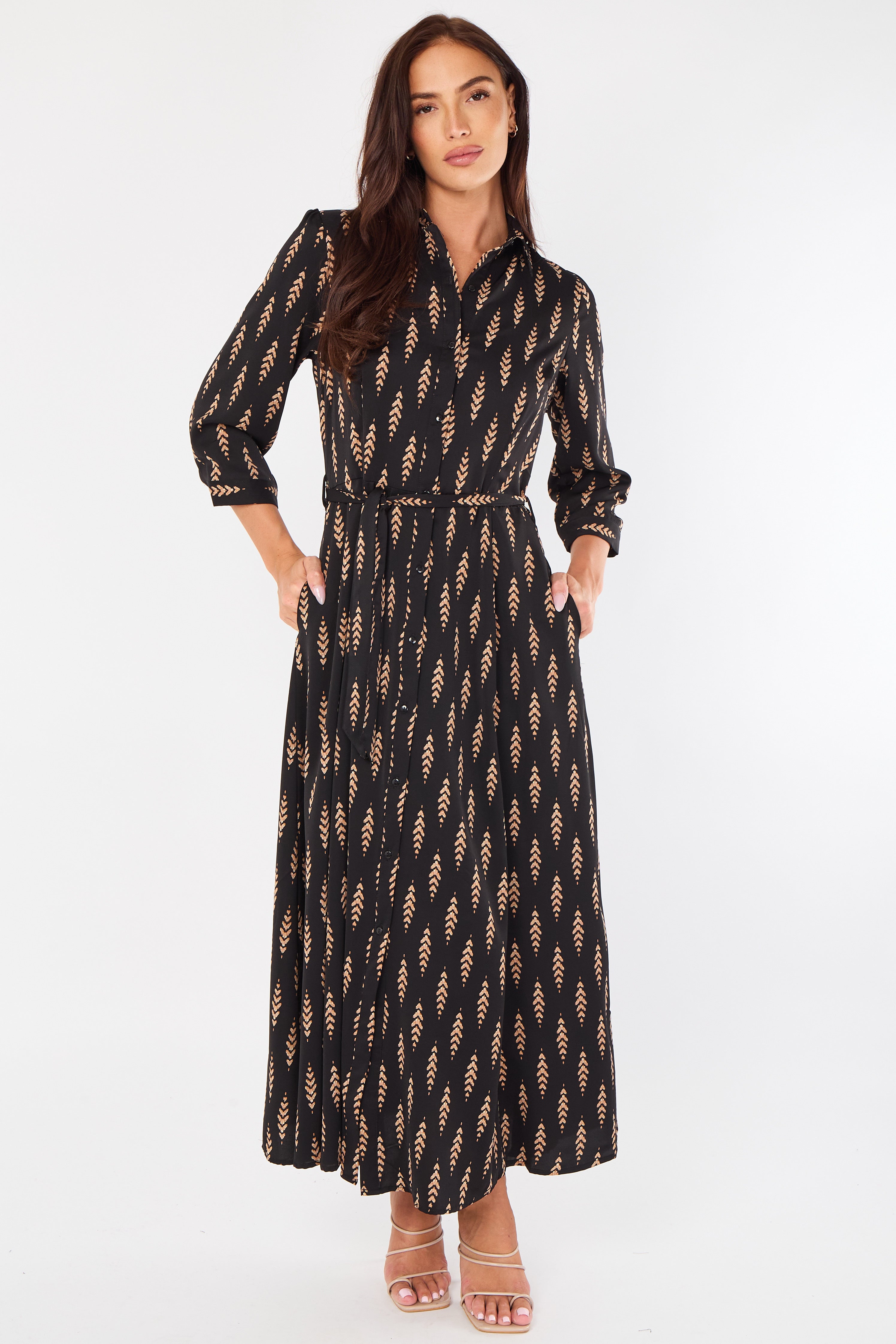 Tan Chevron Print Maxi Shirt Dress