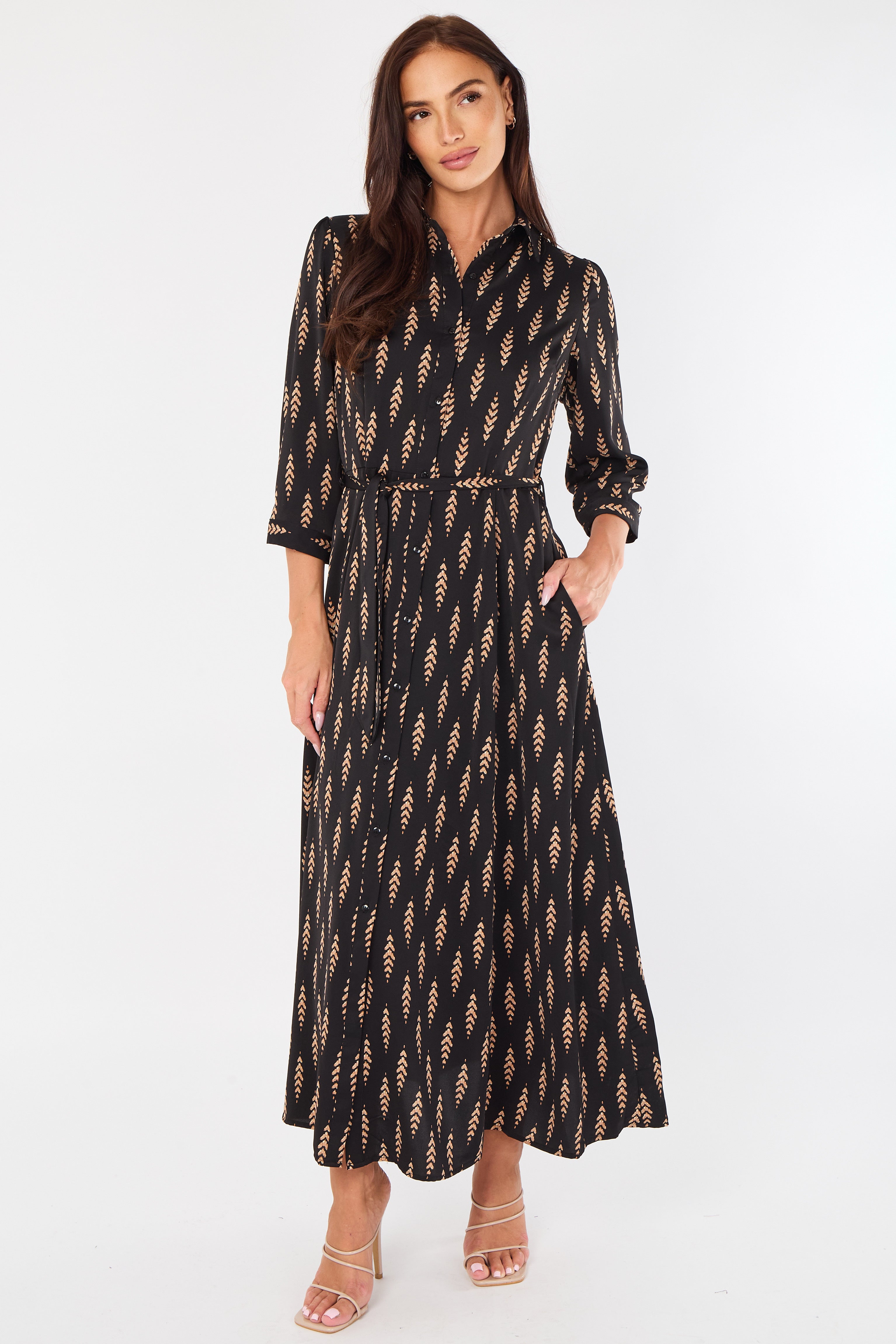 Tan Chevron Print Maxi Shirt Dress