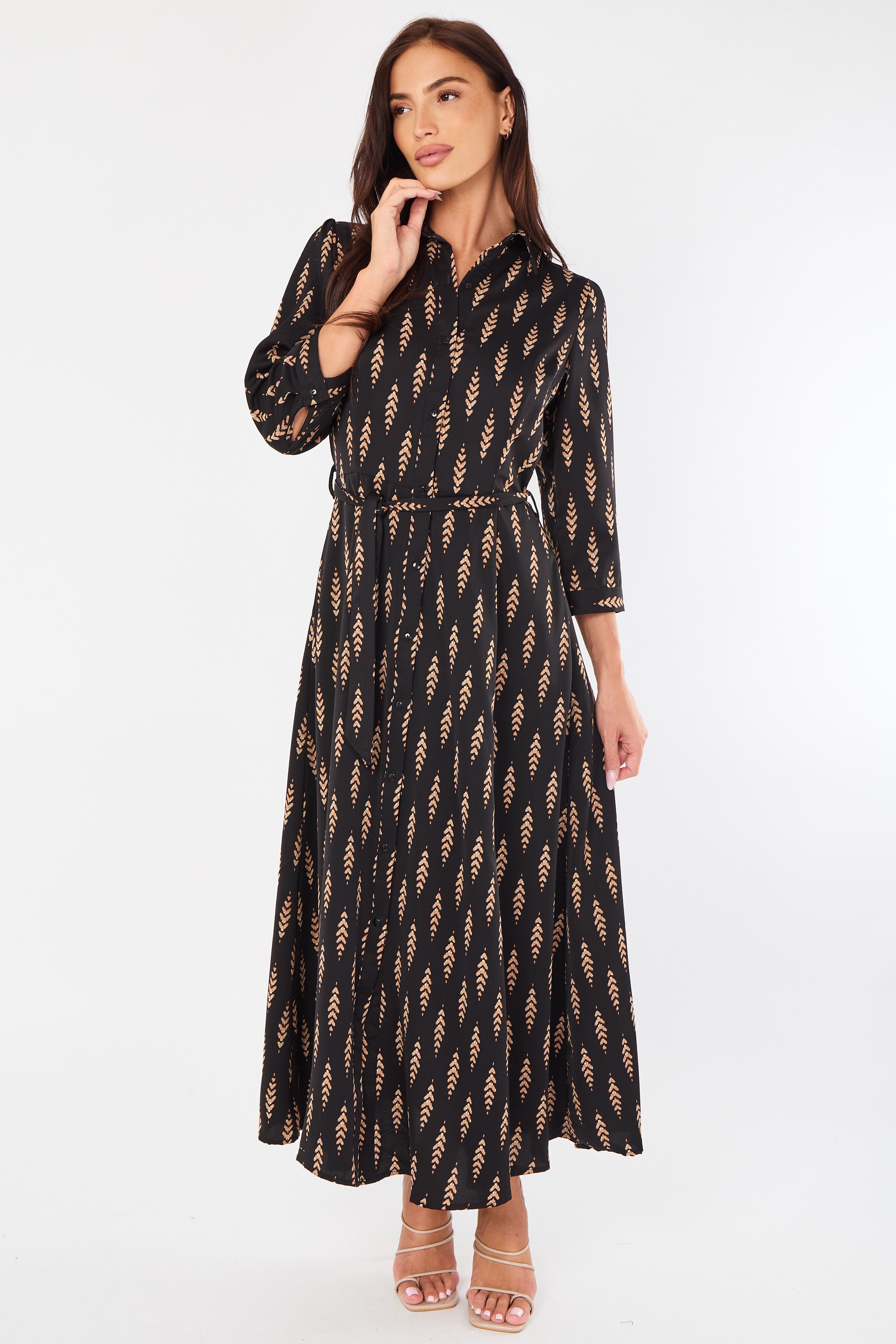 Tan Chevron Print Maxi Shirt Dress