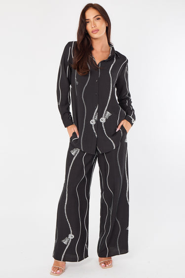Black Rope Stripe Print Wide-Leg Co-ord