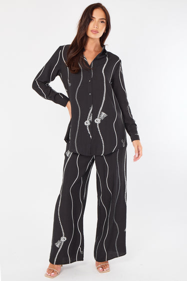 Black Rope Stripe Print Wide-Leg Co-ord