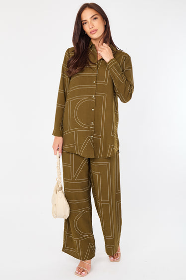 Khaki Geometric Line Print Wide-Leg Co-ord