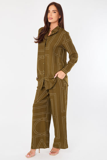 Khaki Geometric Line Print Wide-Leg Co-ord