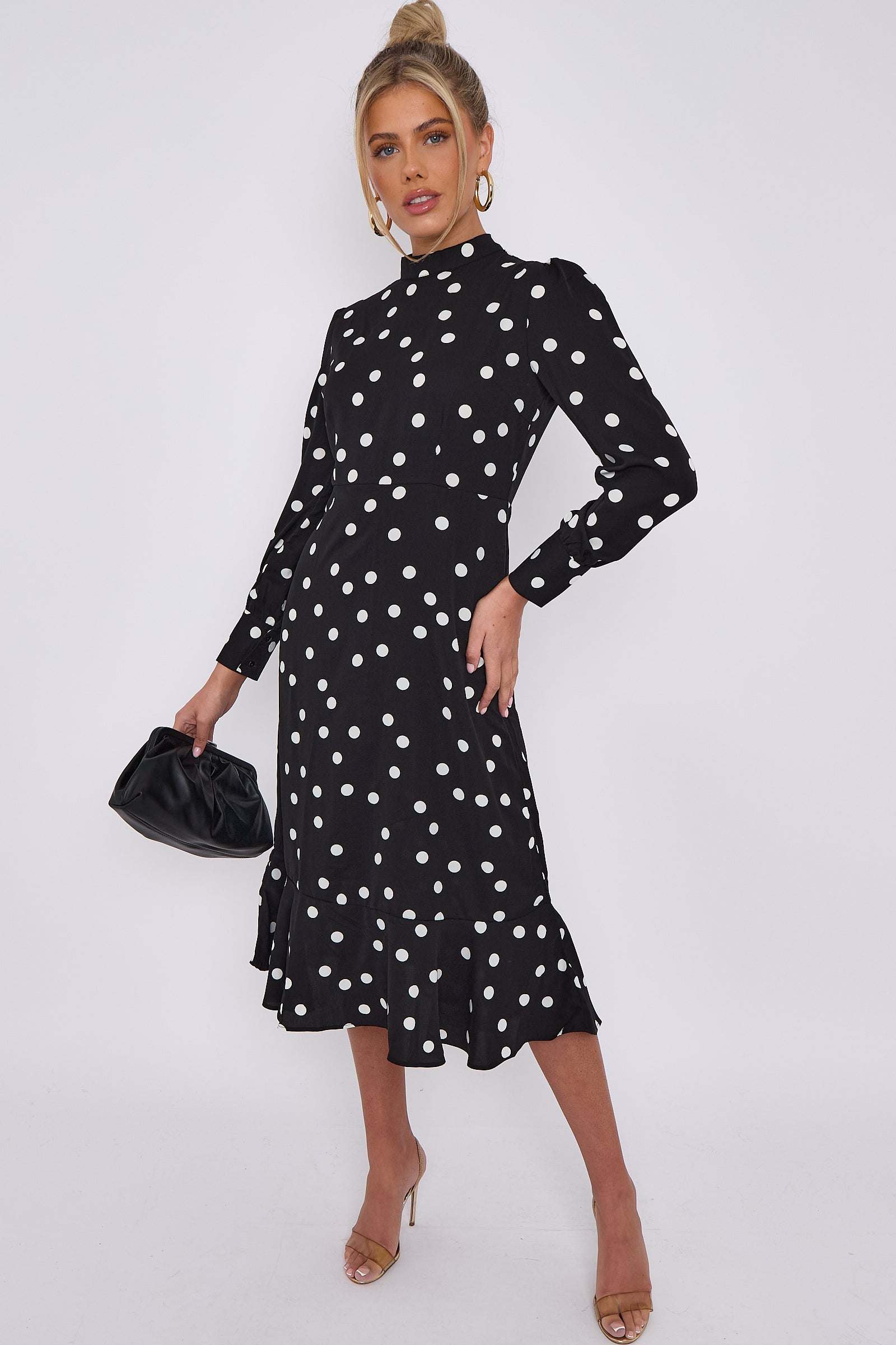 Love Sunshine Black Polka Dot Print Frilled Hem Midi Dress Bodycon Dress DB Garden Party Dress Going Out Dress Long Sleeve Dress LS-2332 Tea Dress Wedding Guest Dress