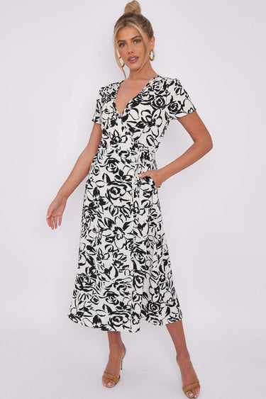 Love Sunshine White Floral Print Wrapped Midi Dress Brunch Dress Dress with Pockets Everyday Dress Garden Party Dress Holiday Dress LS-2118 Short Sleeve Dress Summer Dress Tea Dress Wedding Guest Dress
