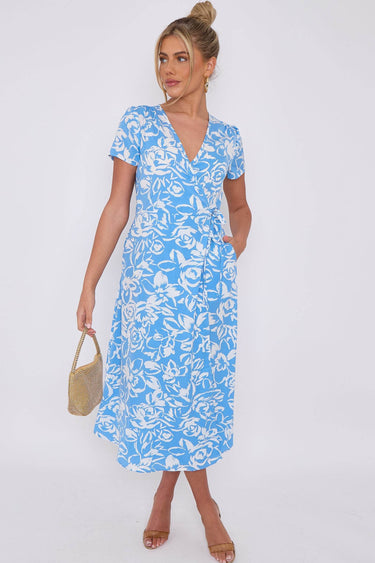 Love Sunshine Blue Floral Print Wrapped Midi Dress Brunch Dress Dress with Pockets Everyday Dress Garden Party Dress Holiday Dress LS-2118 Short Sleeve Dress Summer Dress Tea Dress Wedding Guest Dress