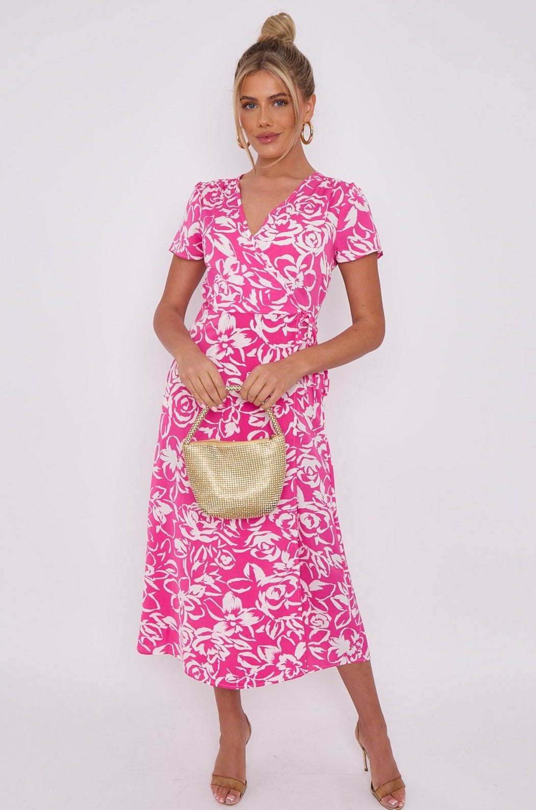 Love Sunshine Pink Floral Print Wrapped Midi Dress Brunch Dress Dress with Pockets Everyday Dress Garden Party Dress Holiday Dress LS-2118 Short Sleeve Dress Summer Dress Tea Dress Wedding Guest Dress