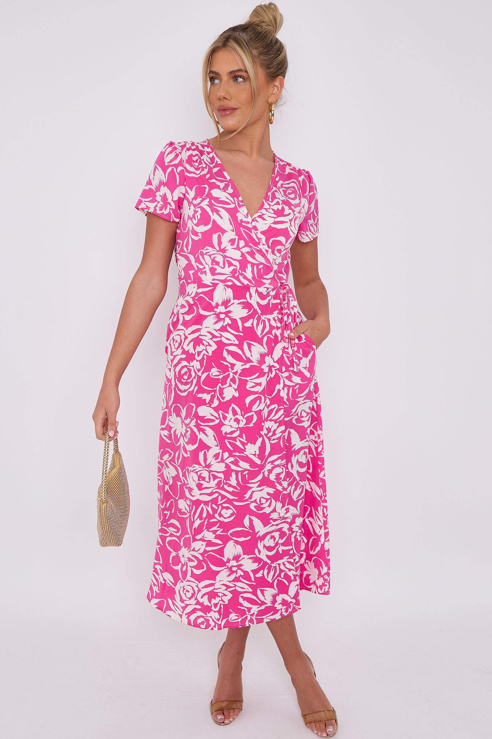 Love Sunshine Pink Floral Print Wrapped Midi Dress Brunch Dress Dress with Pockets Everyday Dress Garden Party Dress Holiday Dress LS-2118 Short Sleeve Dress Summer Dress Tea Dress Wedding Guest Dress