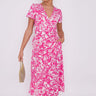 Love Sunshine Pink Floral Print Wrapped Midi Dress Brunch Dress Dress with Pockets Everyday Dress Garden Party Dress Holiday Dress LS-2118 Short Sleeve Dress Summer Dress Tea Dress Wedding Guest Dress