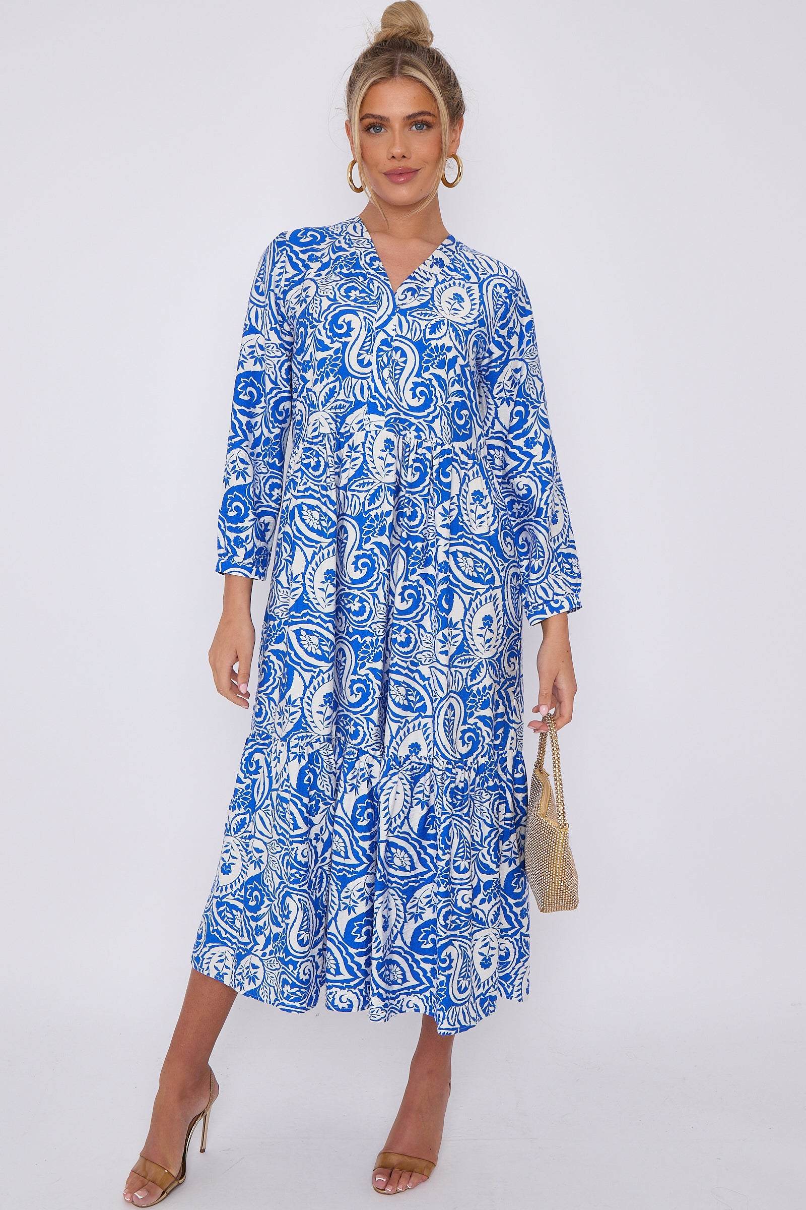 Love Sunshine Blue Paisley Print Bamboo Textured Smock Midi Dress DB Dress with Pockets Everyday Dress Garden Party Dress Holiday Dress Long Sleeve Dress LS-2428 Summer Dress