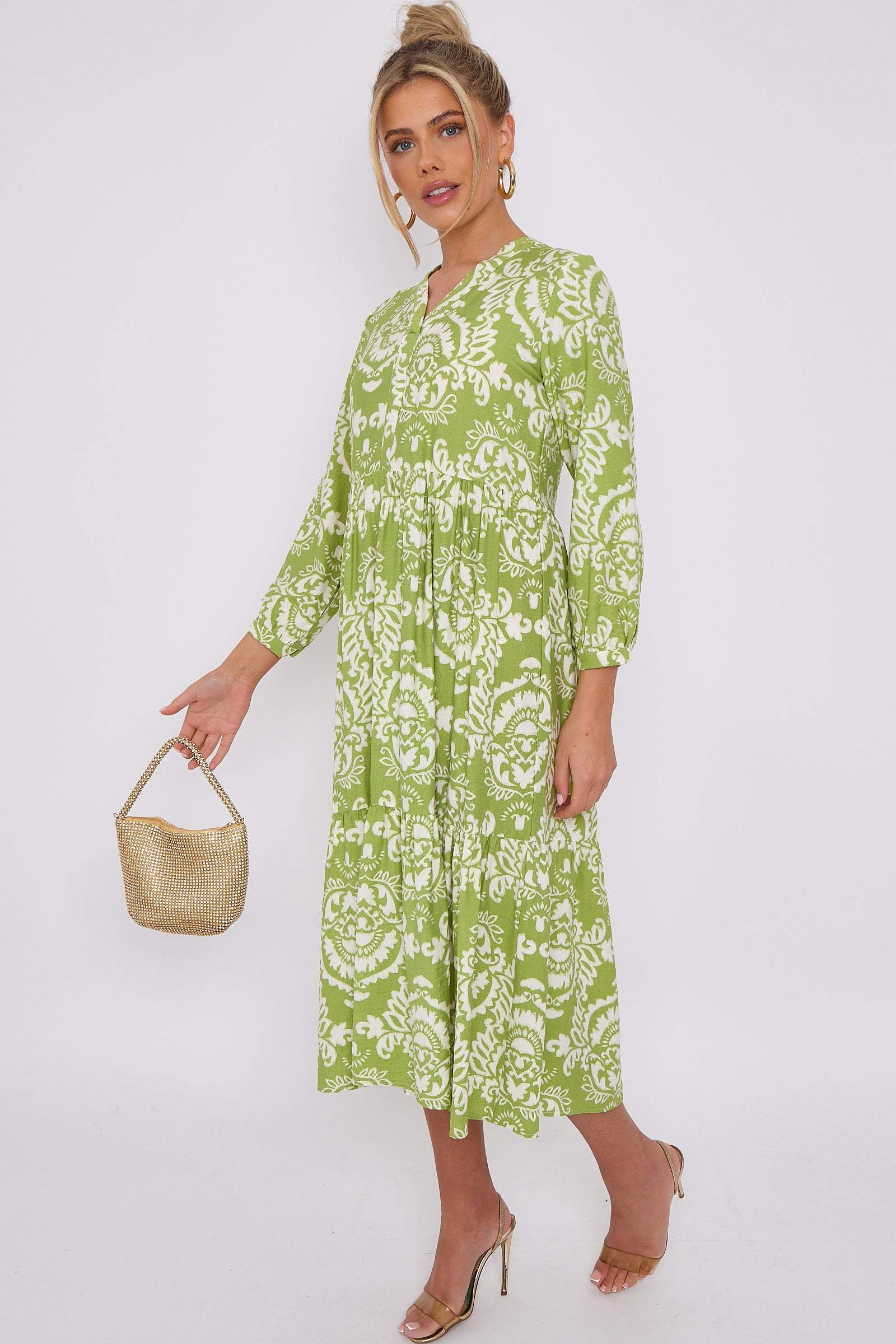 Love Sunshine Green Pattern Print Bamboo Textured Smock Midi Dress DB Dress with Pockets Everyday Dress Garden Party Dress Holiday Dress Long Sleeve Dress LS-2428 Summer Dress