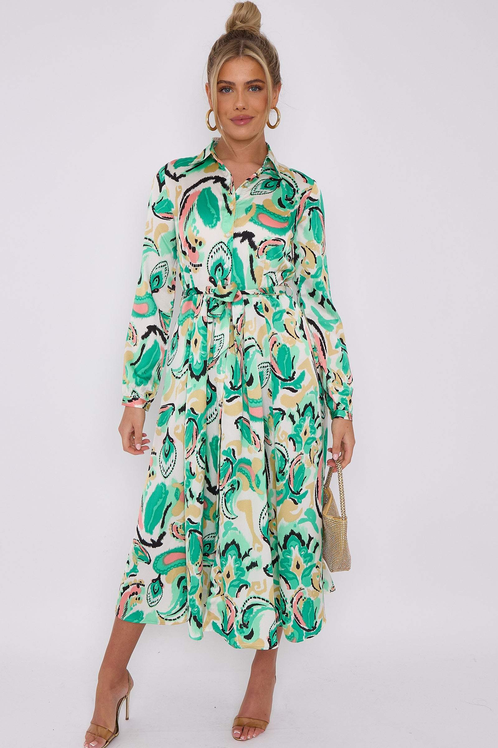 Love Sunshine Green Paisley Print White Satin Midaxi Shirt Dress Brunch Dress Casual Dress DB Dress with Pockets Everyday Dress Garden Party Dress Holiday Dress Long Sleeve Dress LS-2037 Wedding Guest Dress