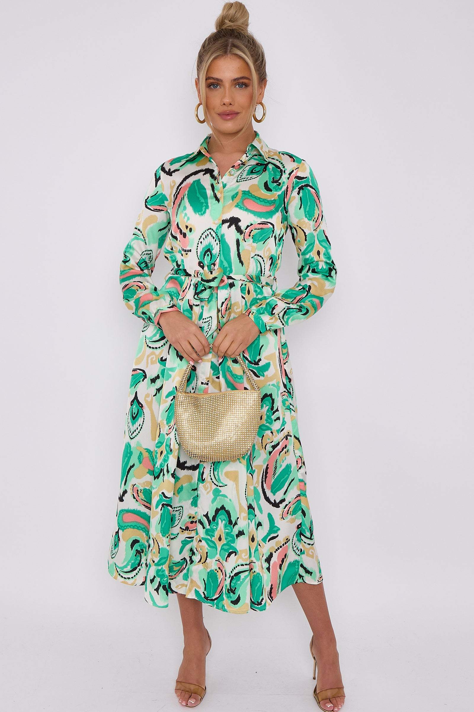 Love Sunshine Green Paisley Print White Satin Midaxi Shirt Dress Brunch Dress Casual Dress DB Dress with Pockets Everyday Dress Garden Party Dress Holiday Dress Long Sleeve Dress LS-2037 Wedding Guest Dress