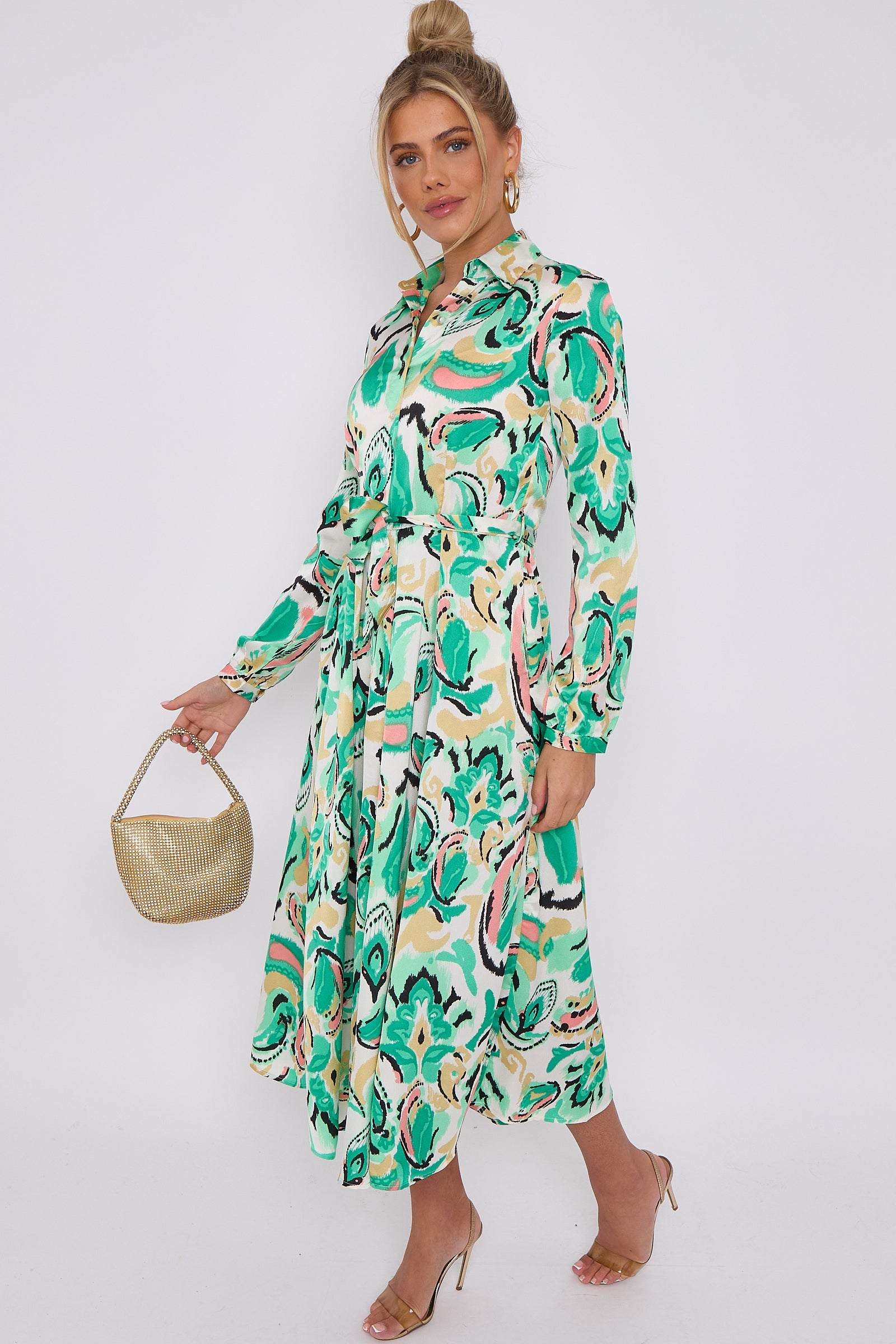 Love Sunshine Green Paisley Print White Satin Midaxi Shirt Dress Brunch Dress Casual Dress DB Dress with Pockets Everyday Dress Garden Party Dress Holiday Dress Long Sleeve Dress LS-2037 Wedding Guest Dress