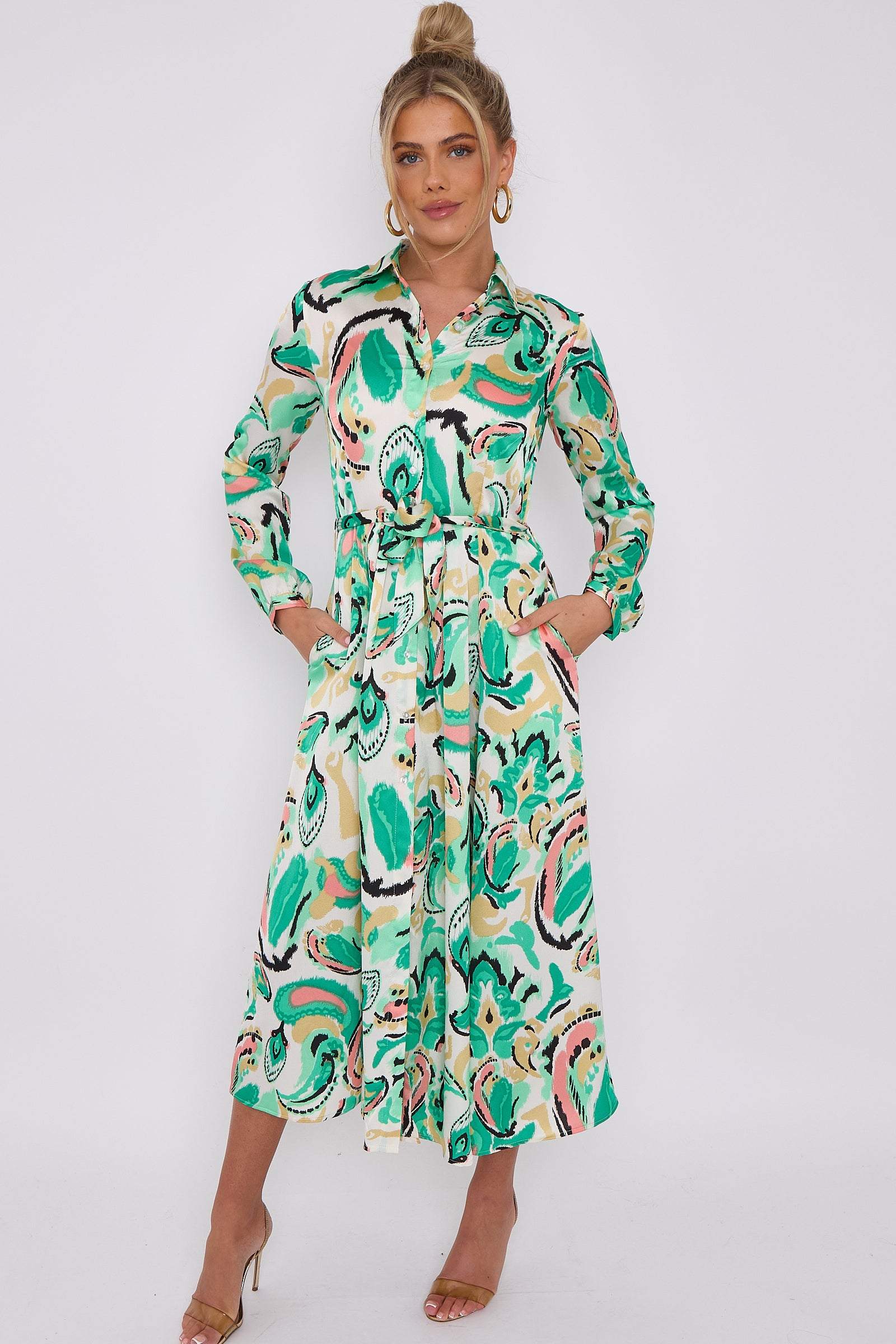 Love Sunshine Green Paisley Print White Satin Midaxi Shirt Dress Brunch Dress Casual Dress DB Dress with Pockets Everyday Dress Garden Party Dress Holiday Dress Long Sleeve Dress LS-2037 Wedding Guest Dress