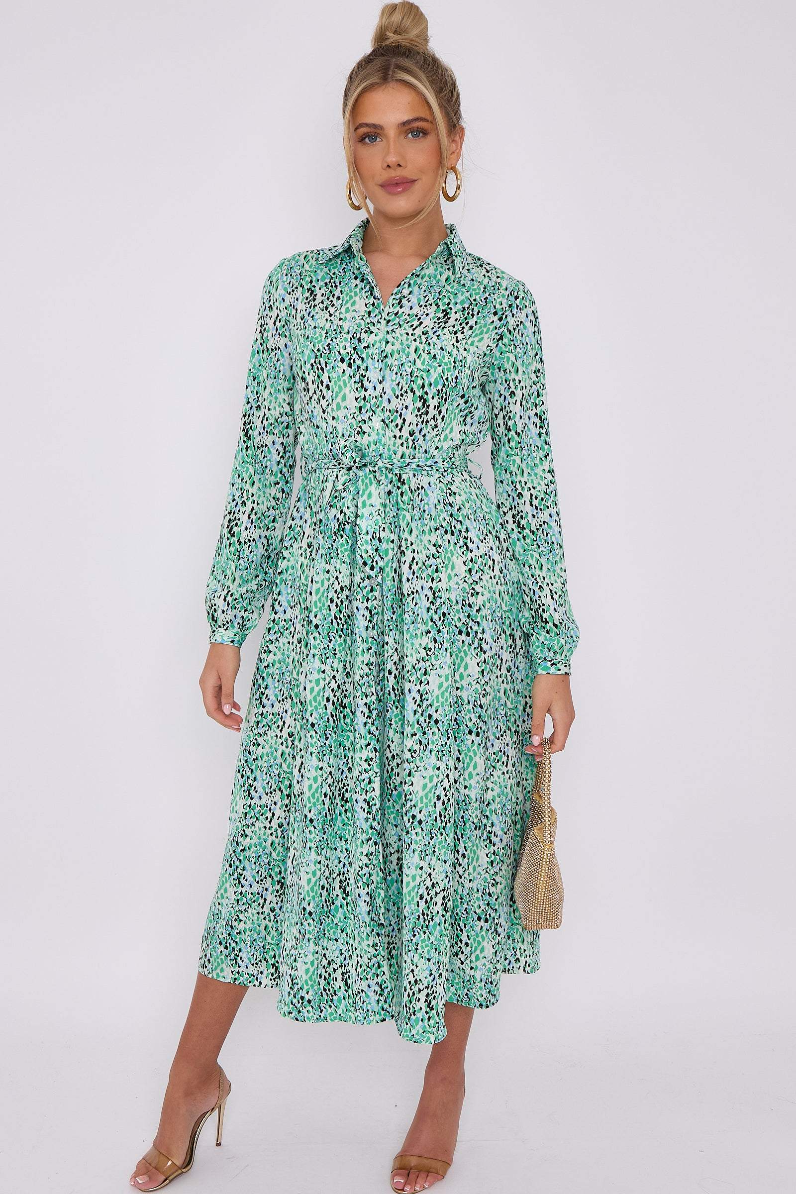 Love Sunshine Green Leopard Print Midaxi Shirt Dress Brunch Dress Casual Dress DB Dress with Pockets Everyday Dress Garden Party Dress Holiday Dress Long Sleeve Dress LS-2037 Wedding Guest Dress