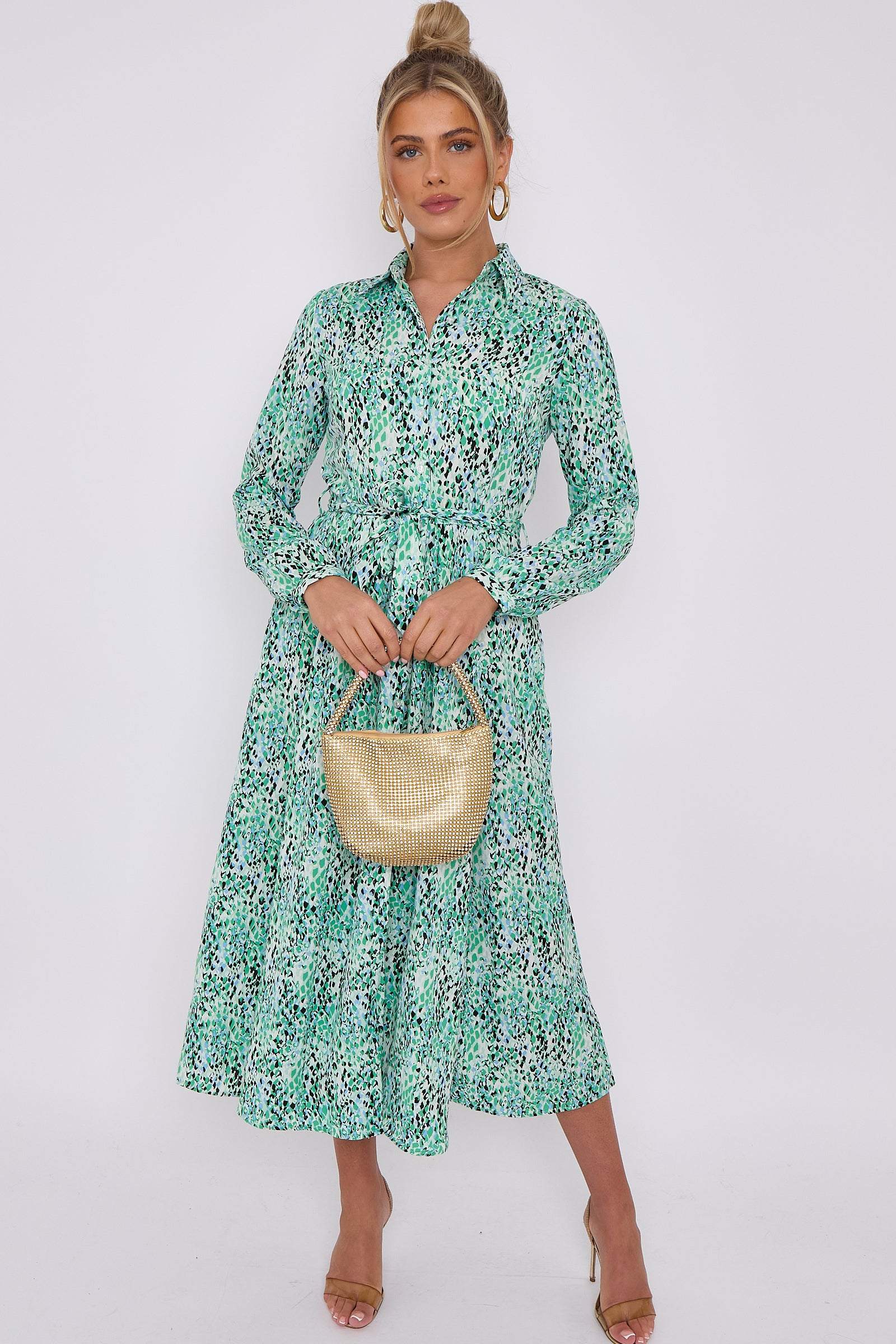 Love Sunshine Green Leopard Print Midaxi Shirt Dress Brunch Dress Casual Dress DB Dress with Pockets Everyday Dress Garden Party Dress Holiday Dress Long Sleeve Dress LS-2037 Wedding Guest Dress