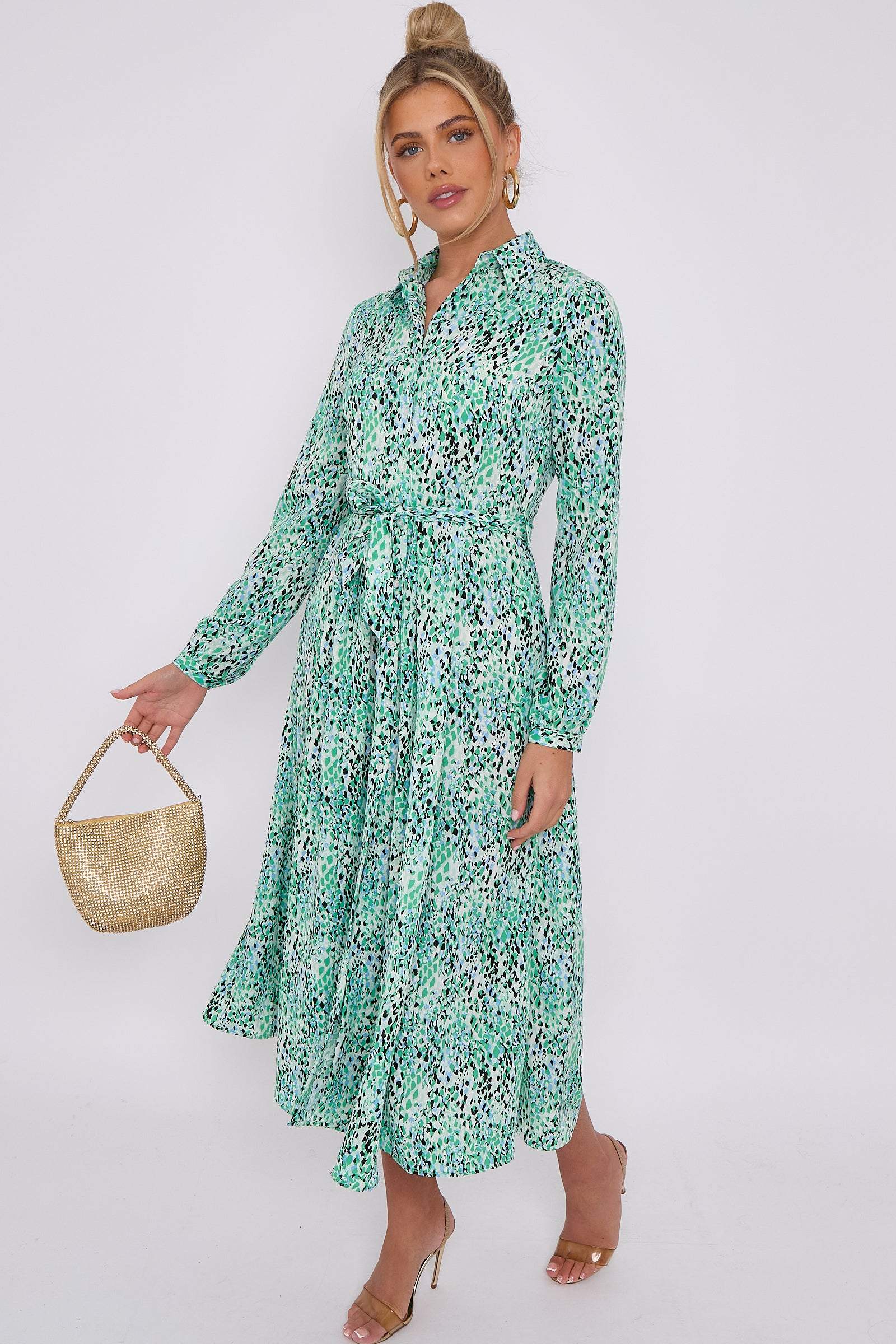 Love Sunshine Green Leopard Print Midaxi Shirt Dress Brunch Dress Casual Dress DB Dress with Pockets Everyday Dress Garden Party Dress Holiday Dress Long Sleeve Dress LS-2037 Wedding Guest Dress