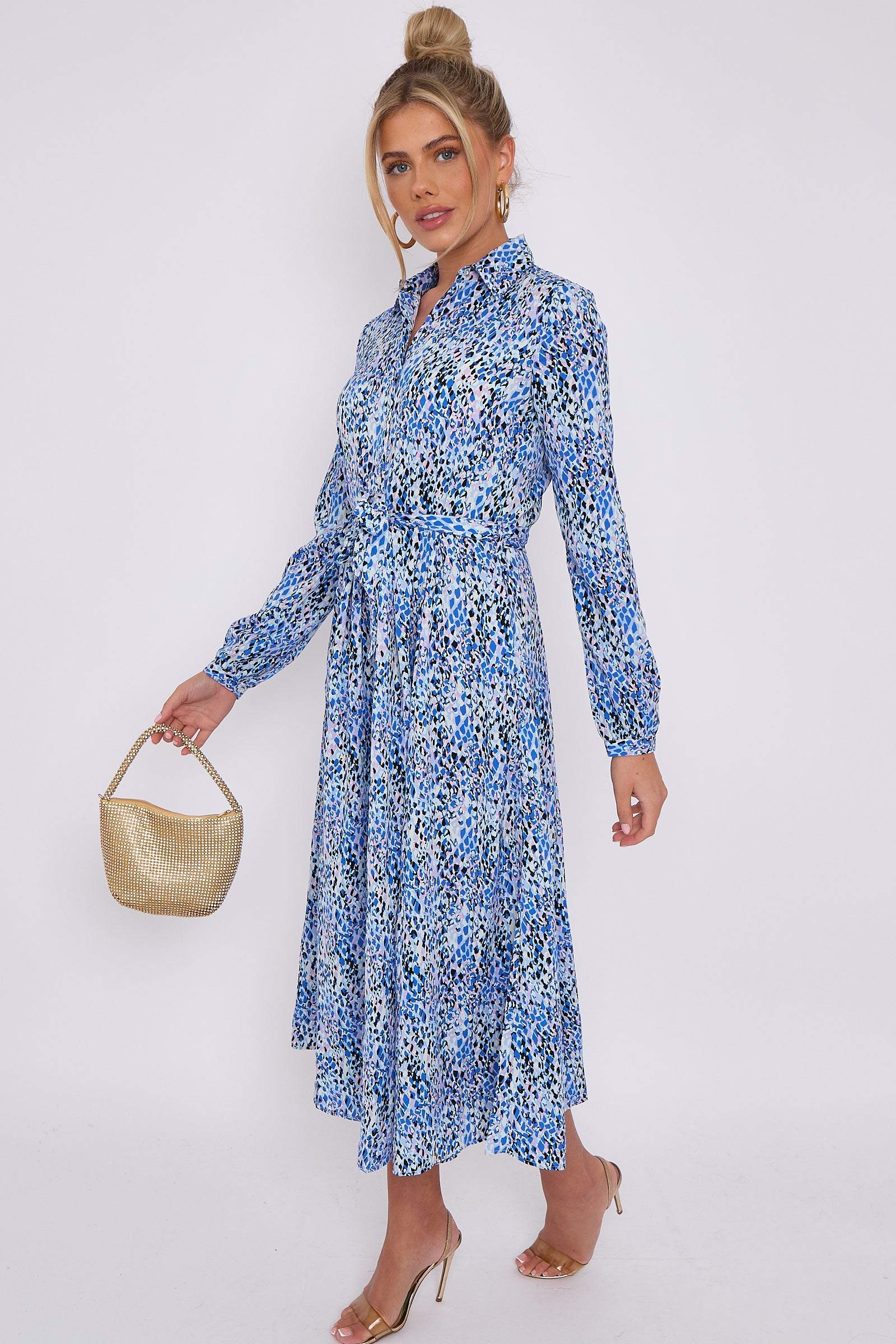 Love Sunshine Blue Leopard Print Midaxi Shirt Dress Brunch Dress Casual Dress DB Dress with Pockets Everyday Dress Garden Party Dress Holiday Dress Long Sleeve Dress LS-2037 Wedding Guest Dress