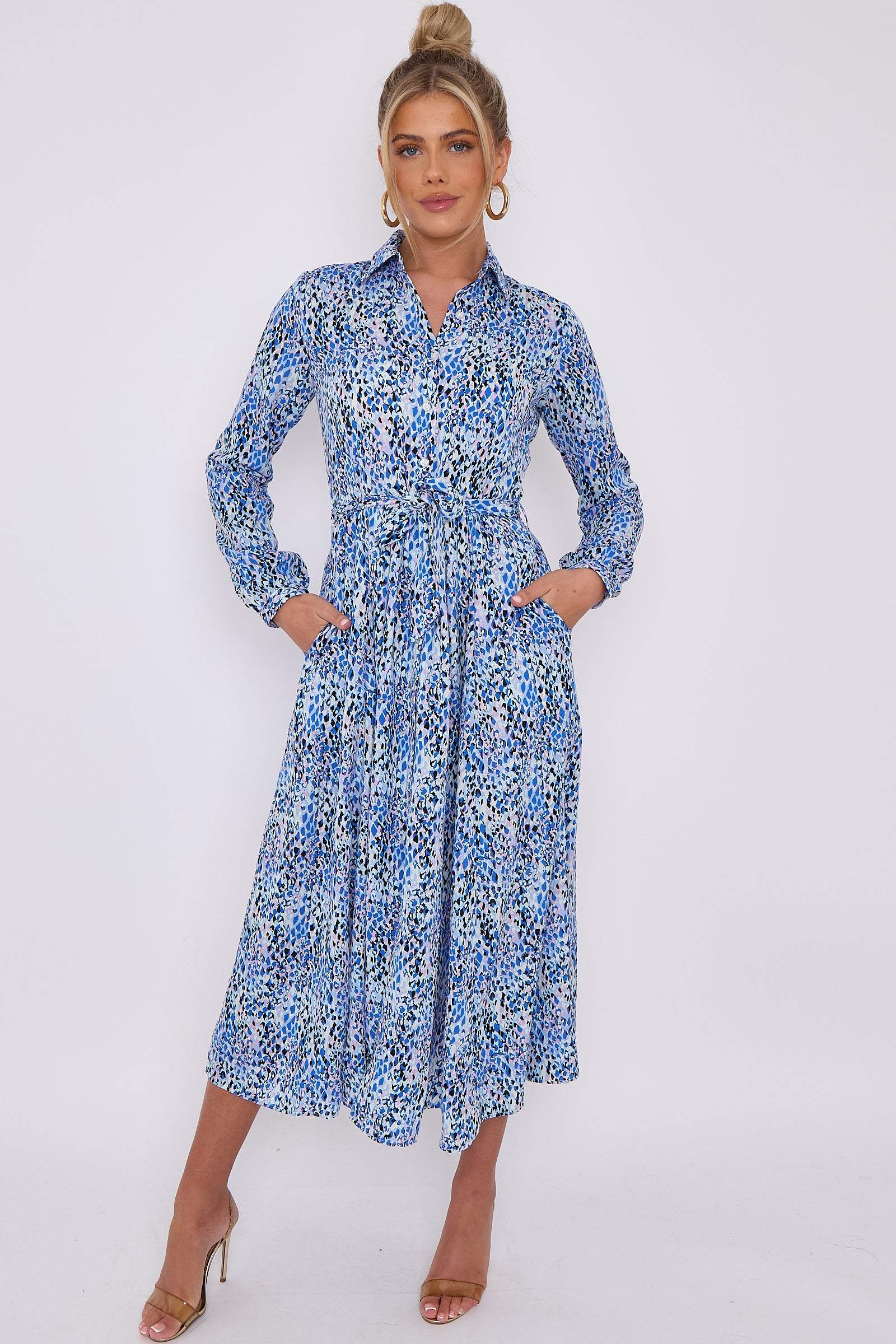 Love Sunshine Blue Leopard Print Midaxi Shirt Dress Brunch Dress Casual Dress DB Dress with Pockets Everyday Dress Garden Party Dress Holiday Dress Long Sleeve Dress LS-2037 Wedding Guest Dress